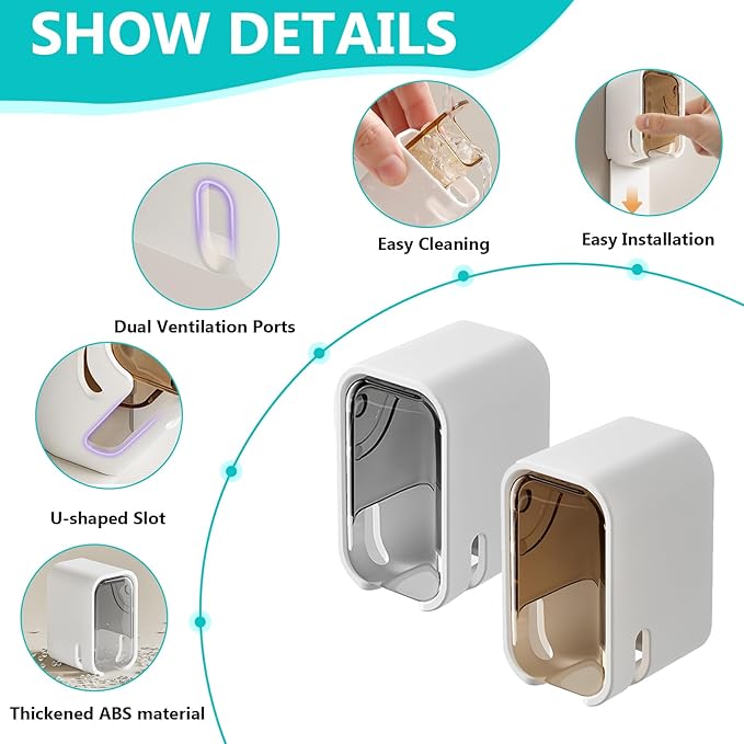 4 Pack Toothbrush Holders for Bathroom, Self Adhesive Wall Mounted Toothbrush Holder with Cover, Single Toothbrush Dispenser Storage Organizer for Family, Travel, Waterproof and Dustproof (Grey)