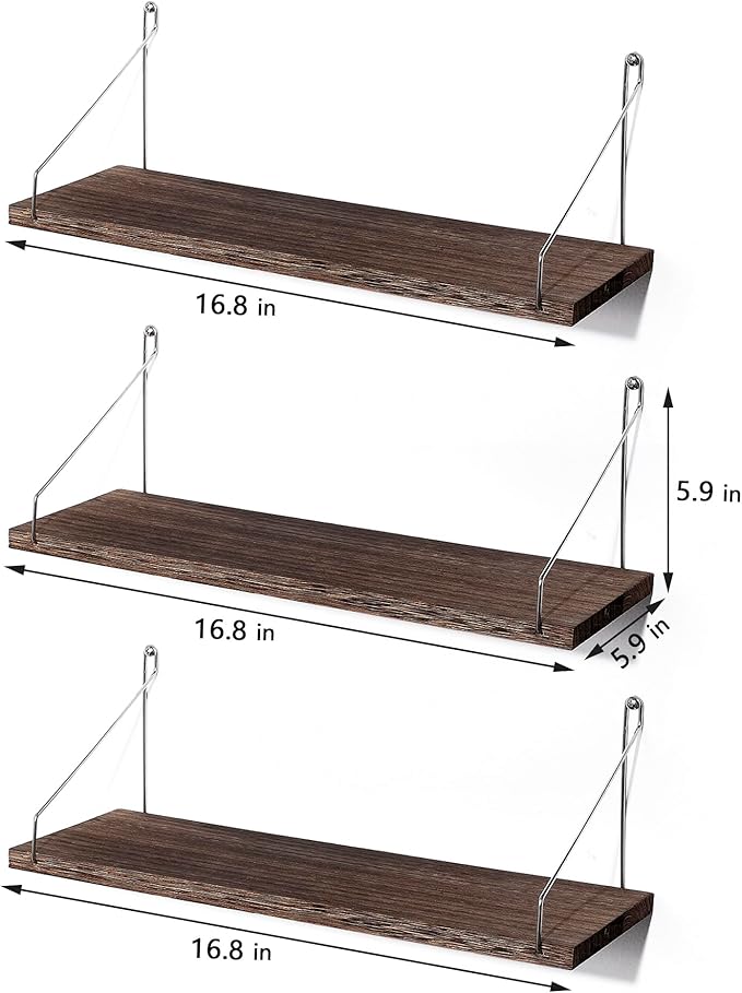 Floating Shelves Set of 3 Rustic Solid Wood Floating Shelf Wall Storage Shelves for Living Room, Bedroom, Bathroom, Kitchen Laundry, Office.no Drill Shelf(Retro Color L+L+L)