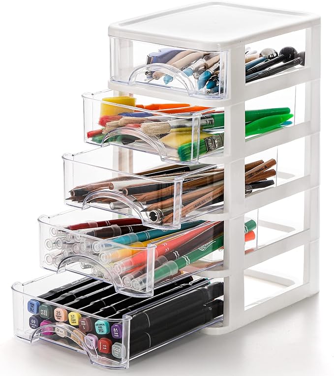Hedume Desktop Drawer, Clear 5 Drawer Desktop Storage Unit, White Frame with Clear Drawers, Drawer Unit