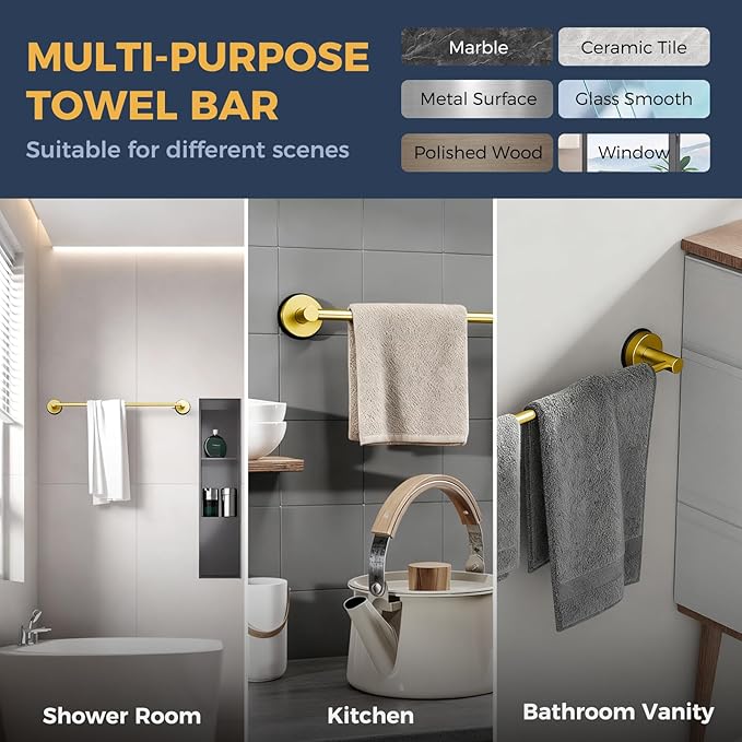 14.6inch~24inch Towel Racks for Bathroom,Adjustable Suction Cup Towel Bar for Bathroom Wall,Stainless Steel Bath Towel Holder for Shower,2 Pack(Brushed Gold)