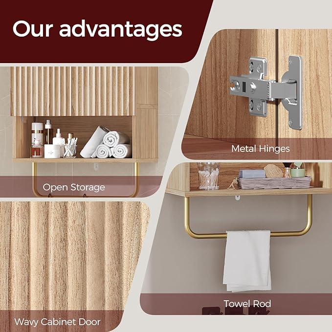 MAHANCRIS Bathroom Wall Cabinet, Wall Mounted Medicine Cabinets with Towel Bar & Adjustable Shelf, Over The Toilet Space Saver Storage Cabinet with 2 Doors, for Bathroom Laundry Room Kitchen, Natural