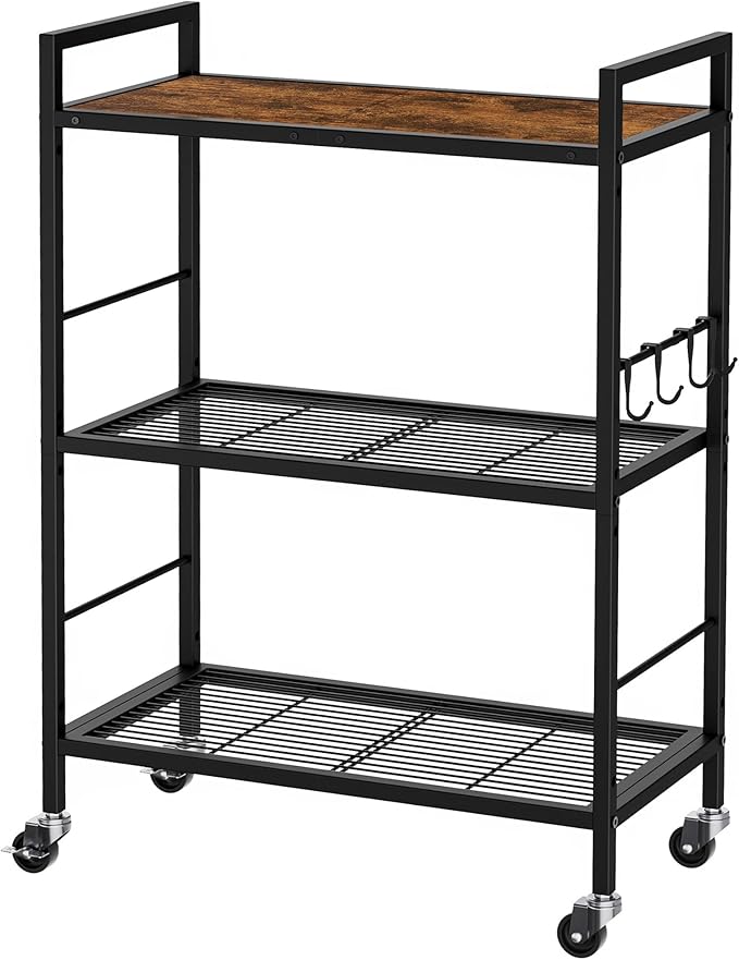 3-Tier Metal Storage Rack with Industrial Wheels,Mesh Shelving Unit with Wooden Table top,Adjustable Shelf,23.6-Inch Width,for Kitchen,Laundry,Pantry,Plant,Black