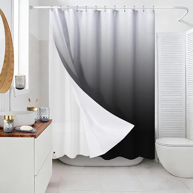 Black Glass Bathroom Accessories Set with Shower Curtain and Liner, 7-Piece Bathroom Decor Set, Soap Dispenser, Toothbrush Holder, Soap Dish, Vanity Tray, Complete Bathroom Makeover Set