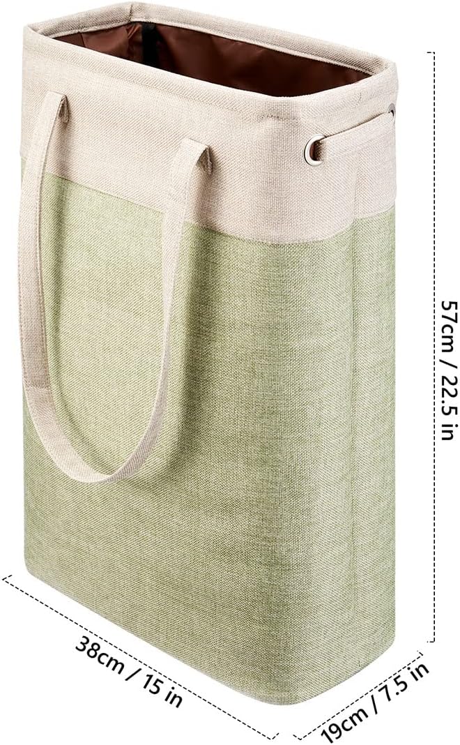 Laundry Basket with Handles Beige&Green Slim Laundry Bin Collapsible Dirty Clothes Basket Narrow Laundry Bag Foldable Dirty Hamper for Camping, Dorms, Apartments
