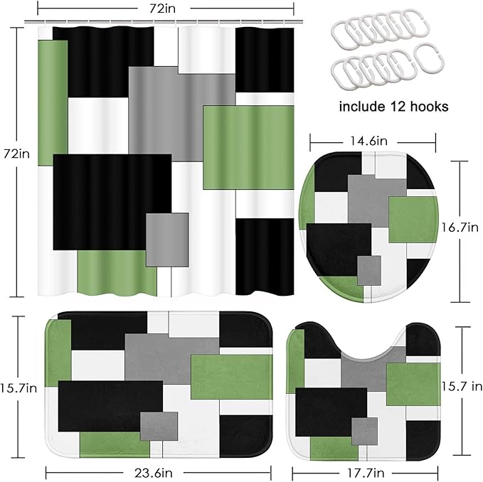 Sage Green Geometric Shower Curtain Set with Toilet Lid Cover and Non-Slip Rugs for Bathroom, Black Grey White Checkered 4 Pcs Shower Curtain, Modern Abstract Bathroom Set with 12 Hooks