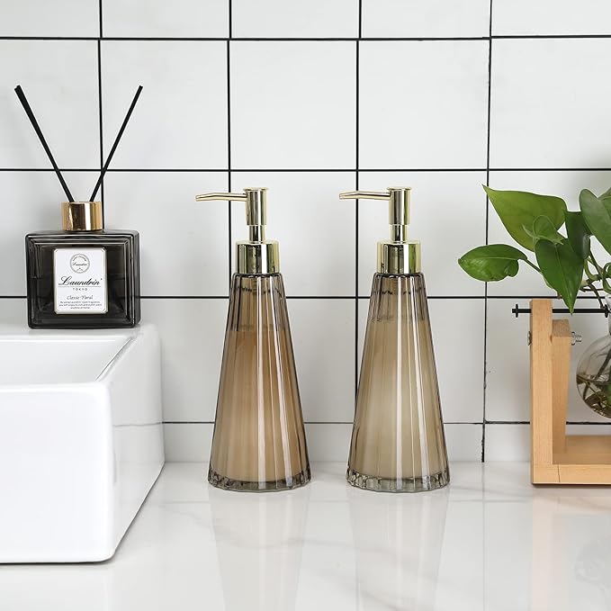 MyGift 2 Pcs Vintage Soap and Lotion Dispenser Set, Smoked Glass and Brass Liquid Pump Dispenser with Vertical Ribbed Design