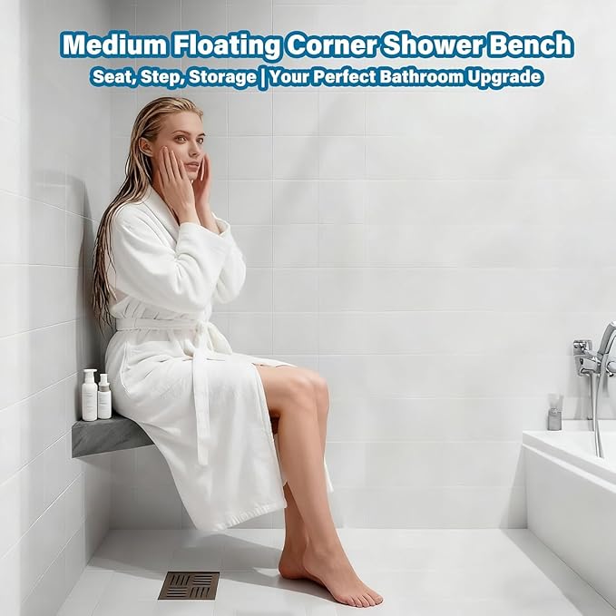 Floating Corner Shower Bench Kit - Custom Corner Shower Seat for Bathroom Remodel, Wall Mount Floating Shelf Serves as Shower Stool, Shaving Foot Rest & Storage, 17"x17"x24.5"