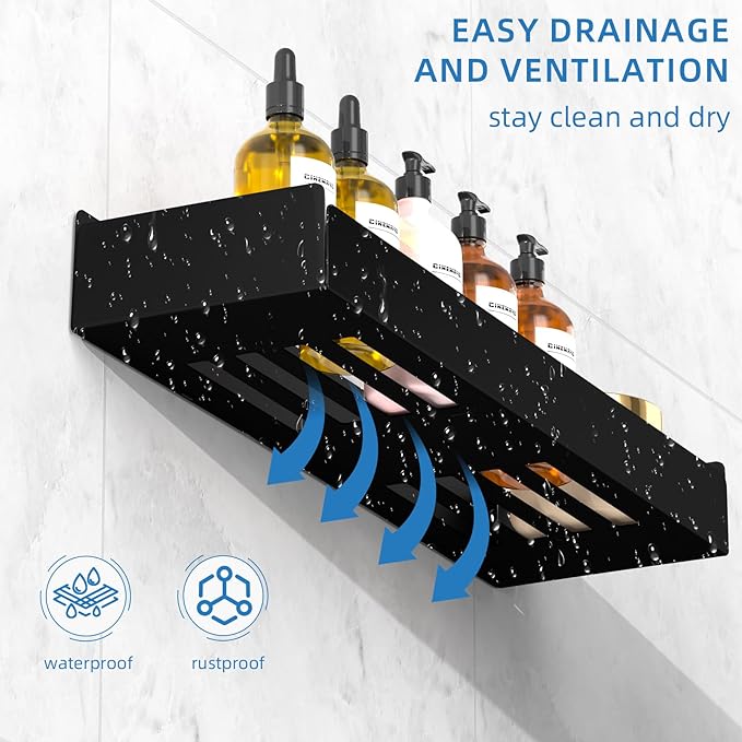 Wisfame Shower Caddy Black,40cm Adhesive Shower Shelve with Large Capacity, Quick-Dry Metal Bathroom Shelves with 8 Hooks, 2 Pack Drill-Free Rustproof Durable Shower Organizers Rack