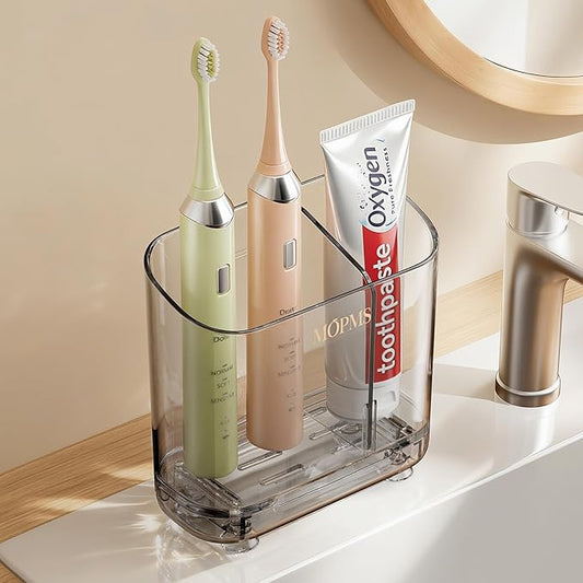 Toothbrush Holders with Drainage for Bathroom Countertop Organizer, 2 Slots Electric Toothbrush Holder Wall-Mount with Divider for Easy Clean, Tooth Brush and Toothpaste Holder for Bathroom Kitchen