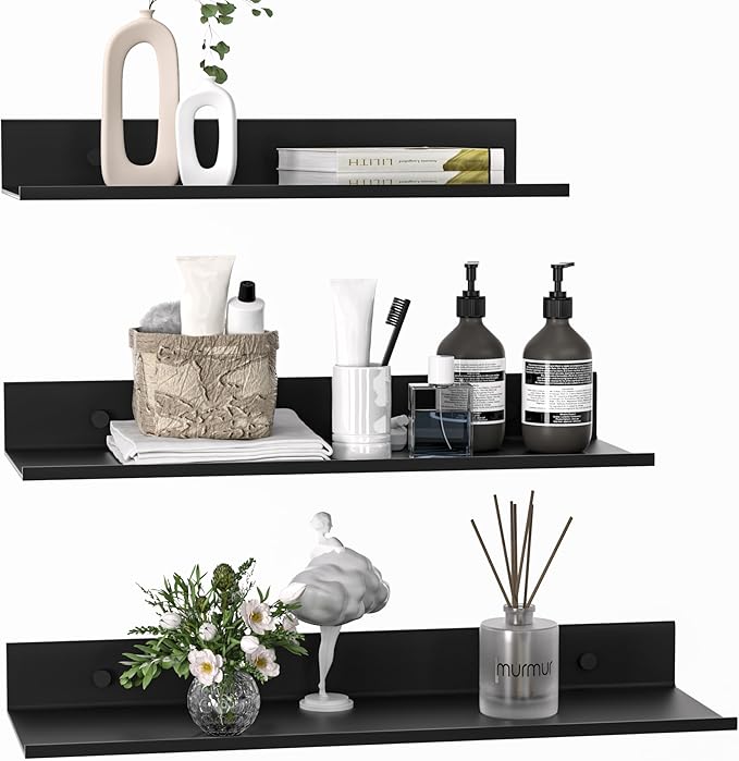Wisfame Floating Shelves for Wall Set of 3, Black Metal Wall Shelves for Bathroom 11.8/13.8/15.7 in, Modern Small Adhesive Shelf for Living Room, Bedroom, Office, Kitchen