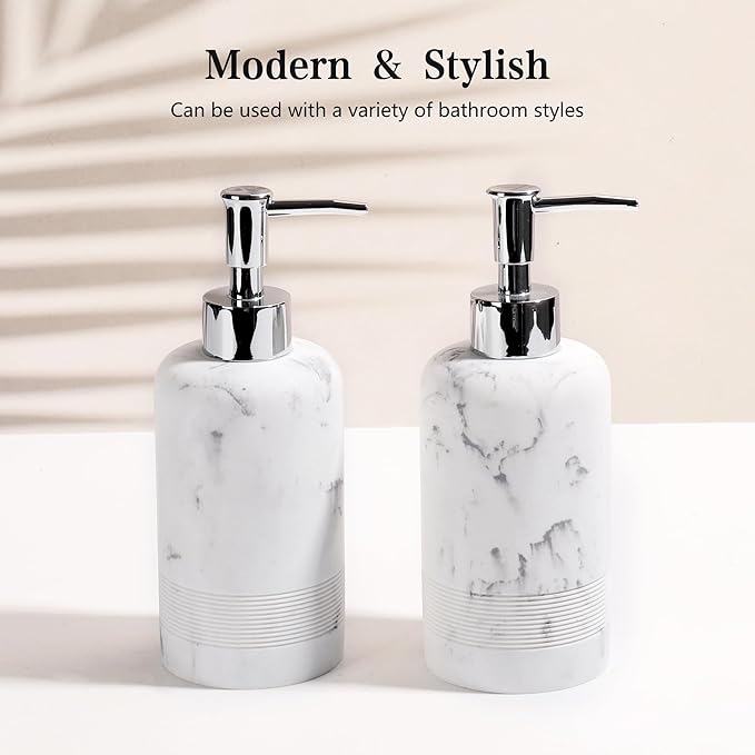 YMXYJM 2pcs/Set Hand Soap Dispenser Sets - 10.8oz Refillable Resin Liquid Soap Dispensers with Rust-Proof Pump for Bathroom Countertop or Kitchen, Marble White