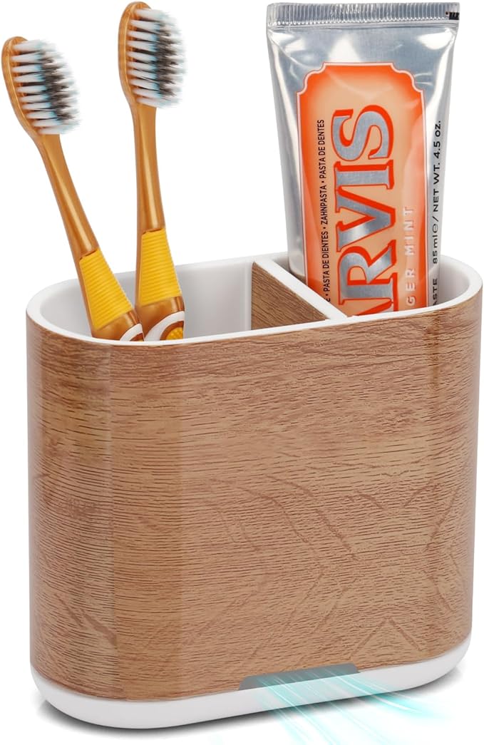 Toothbrush and Toothpaste Holder with Divider for Bathroom Countertop Organizer, 2 Slots Electric Toothbrush Holders Storage Caddy Drainage for Family, Kids(Wood Grain)