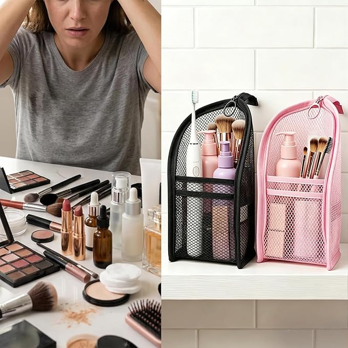 Standing Toiletry Bag, Lightweight Portable Travel Toiletry Bag, EVA Foldable Clear Hanging Makeup Bag, Breathable Cosmetic Organizer for Travel & Bathroom (Pink and Black)