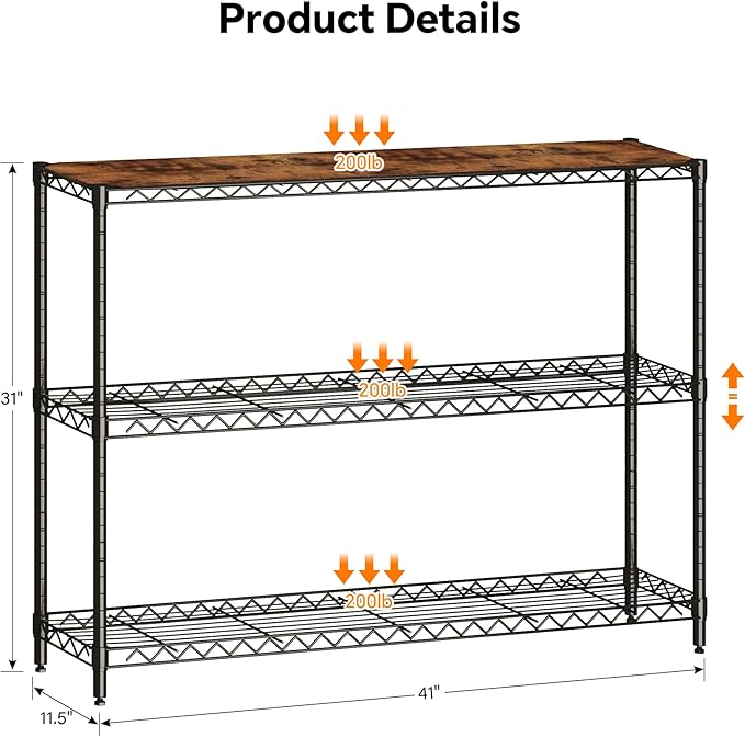 Homeiju 3-Tier Kitchen Storage Shelf, 41" Wide Adjustable Standing Metal Shelving Unit with Removable Wooden Boards, Heavy Duty for Pantry, Bathroom, Garage, Entryway, Plant Stand, Black