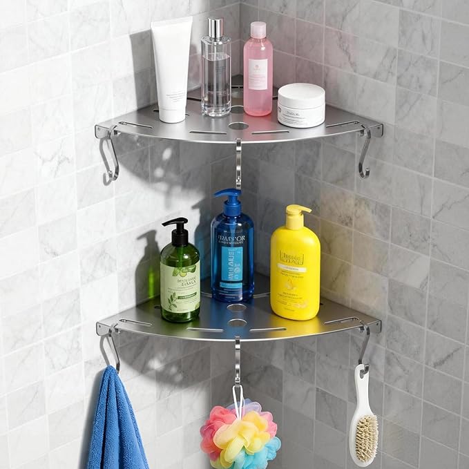 2 Pack Corner Shower Shelves, 304 Stainless Steel Corner Shelf Bathroom with 6 Hooks 40 lbs Heavy Duty, Durable for Inside Shower Brushed Nickel Drilling Installation (Silver)