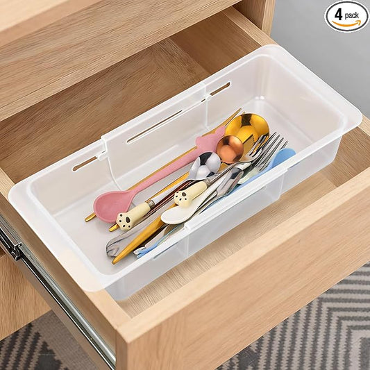 4 PCS Deep Drawer Organizer Bin Adjustable Sliding Drawer Organizers Clear Expandable Transparent Organizer Trays for Home Office Kitchen Makeup Storage Tools