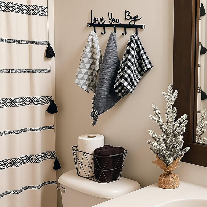 AceOrbit Love You Bye Over the Door Hooks Hanger Wall Mount Towel Hanger Door Holder Organizer 5 Hooks Kawaii Farmhouse Rustic Coquettish Style Decor for Bedroom Bathroom Towel Hat Clothes