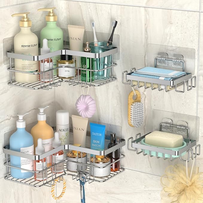 Corner Shower Caddy, 4-Pack Adhesive Shower Shelves with Soap Holder No Drilling, Rustproof Bathroom Shower Organizer Storage, Silver