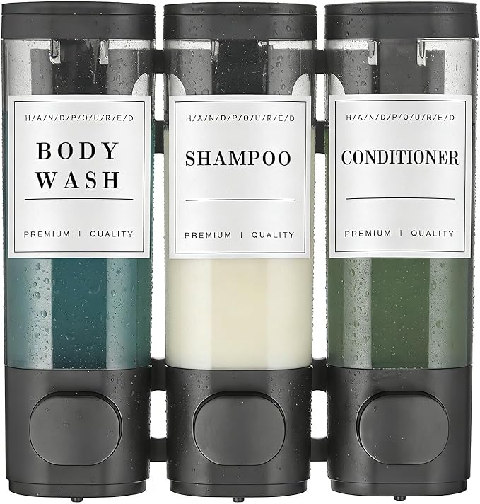 Shower Soap Dispenser Wall Mounted No Drill Shampoo Dispenser for Shower Wall Shampoo and Conditioner Dispenser Bathroom Hotel 3 * 300ml Black with Labels