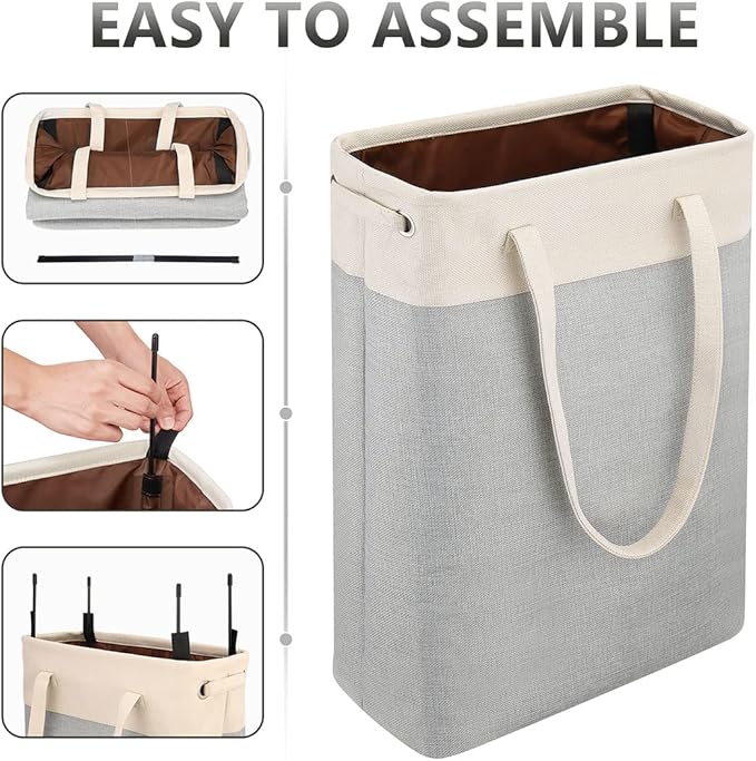 Laundry Basket with Handles Beige&Silver Slim Laundry Bin Collapsible Dirty Clothes Basket Narrow Laundry Bag Foldable Dirty Hamper for Camping, Dorms, Apartments