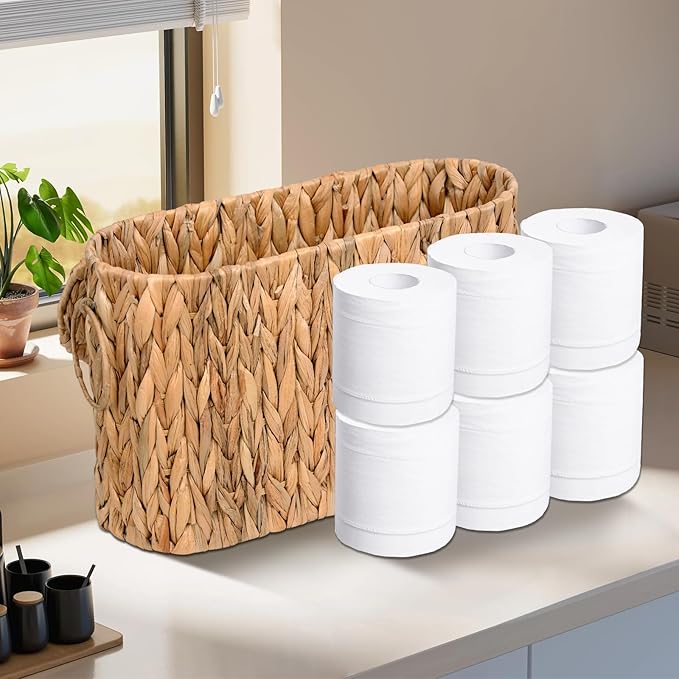 Toilet Paper Storage Basket with Lid - Slim Water Hyacinth Toilet Paper Holder, Holds Up to 6 Mega Rolls, Handwoven Wicker Bathroom Organizer, Natural Rattan Coastal Bathroom Decor