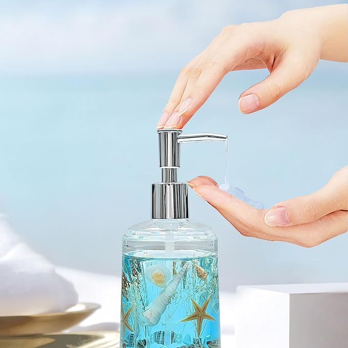 FONMY Soap Dispenser with Pump Acrylic w/Nature Seashell Handmade Bathroom Hand Soap Dispenser, Kitchen Refillable Liquid Dispenser for Soap,Dish Soap, Lotion (Blue)