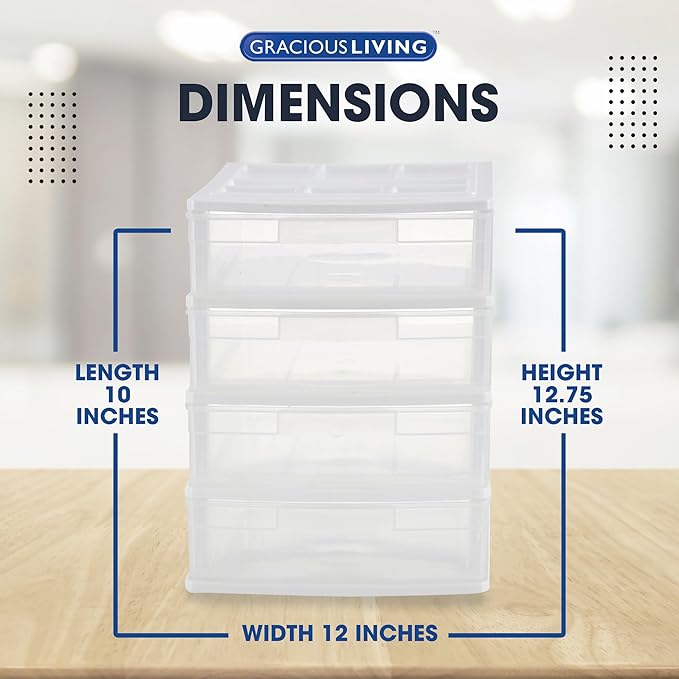 Gracious Living 4 Drawer Desktop & Countertop Organizer w/Organization Lid for Craft Storage, Office Supplies & School Supplies, White/Clear (4 Pack)