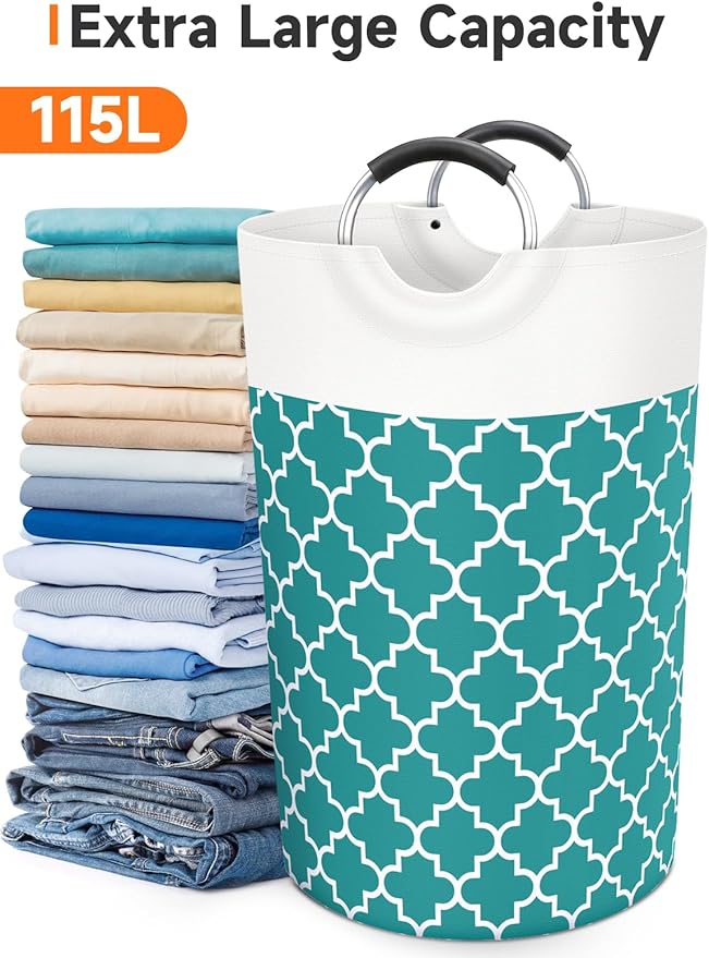 Fabspace Large Laundry Basket Laundry Hamper Bag Washing Bin Clothes Bag Collapsible Tall with Handles Waterproof Travel Bathroom College Essentials Storage for College Dorm, Family (Green) 115L