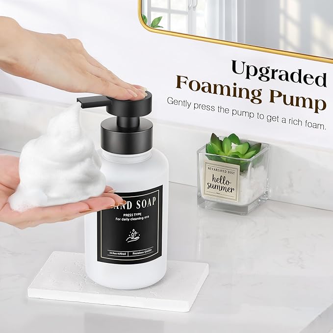 Luxspire Foaming Soap Dispenser, Glass Foam Pump Soap Dispenser, Non-Slip Hand Soap Bottle with 5 Waterproof Labels, 15 Oz Refillable Liquid Soap Bottle for Bathroom & Kitchen, White, 2 Pack