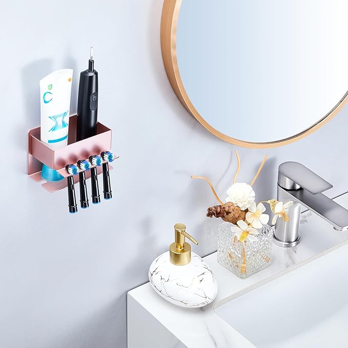 Toothbrush Head Holders, Electric Tooth Brush Head Holder, Adhesive Toothpaste Holder for Shower Bathrooms, Wall Mounted Tooth Brushing Holder Organizer Storage (Rose Gold, Small)