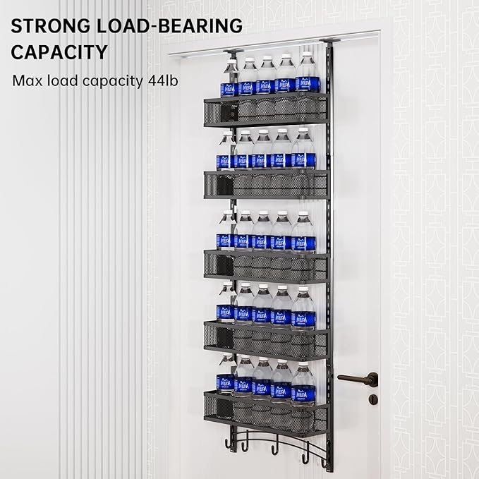 Space-Saving Over The Door Organizer with 5 Adjustable Baskets & 5 Hooks, Metal Wall Mount Storage Rack, Behind The Door Storage for Bathroom, Kitchen, Pantry, Laundry Room (Black)