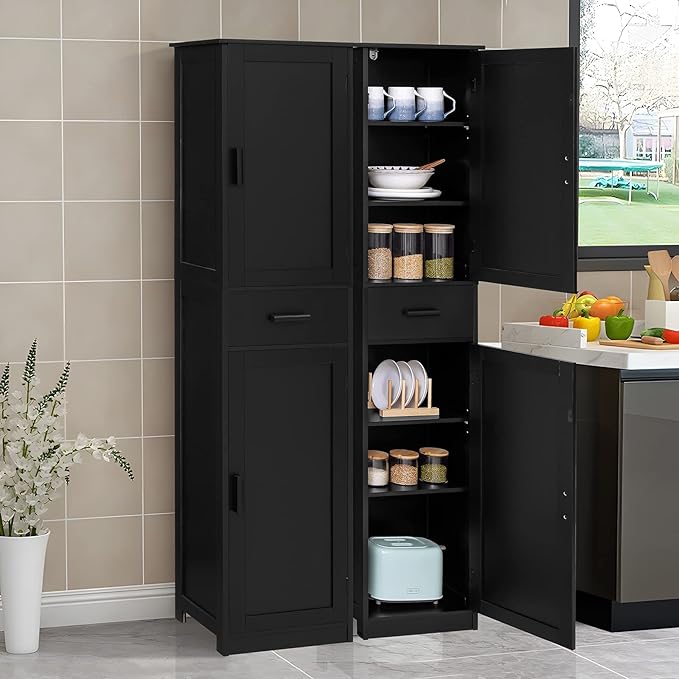 usikey 67'' Tall Storage Cabinet with 4 Shelves & 2 Doors, Bathroom Cabinet with 1 Drawer, Narrow Storage Cabinets for Bathroom, Living Room, Home Office, Black