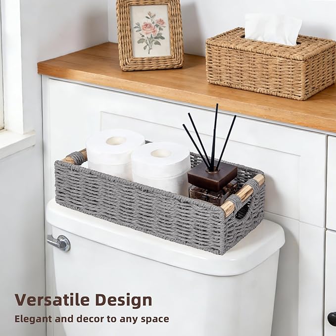 CubesLand Back of Toilet Storage Basket for Organizing w/Cut Out Handle, Handwoven Toilet Tank Top Paper Baskets, Small Wicker Decorative Basket for Countertop, Home, Living Room, Nursery, Grey
