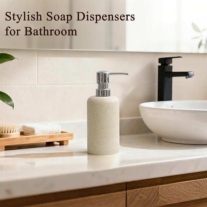 YMXYJM Resin Soap Dispenser Sets, 2 Pcs Heavy Lotion Dispensers,10.8oz Refillable Liquid Soap Dispensers with Rust-Proof Pump for Bathroom Countertop or Kitchen, Stone Beige