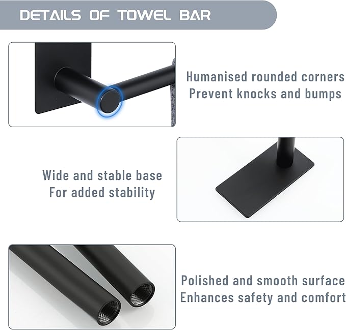 Alise Adhesive Towel Bar, 24 Inch Towel Racks for Bathroom SUS 304 Stainless Steel,Bathroom Towel Holder No Drill, Strong Self Adhesive Towel Bar, Matte Black
