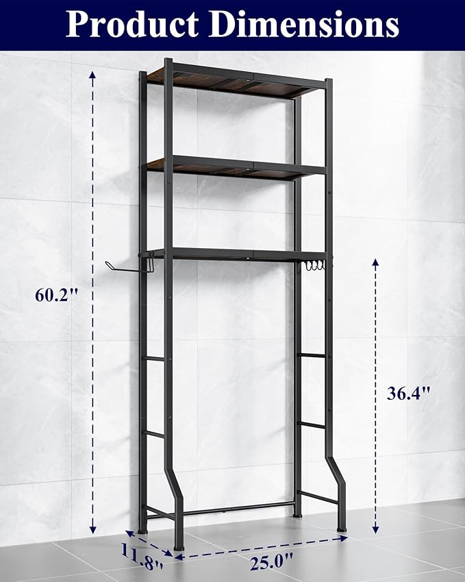 Kitsure Over The Toilet Storage Rack - Freestanding Over the Toilet Storage Cabinet with Paper Holder & Hooks, Bathroom Organizers and Storage, Brown + Black, 3 Tiers (60.2" H)