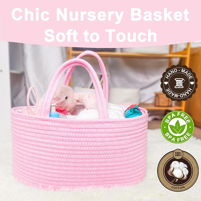 ABenkle Diaper Caddy Organizer, Boho Rustic Cotton Rope Nursery Baby Basket, Changing Table Organizer for Baby Diaper Storage and Baby Shower