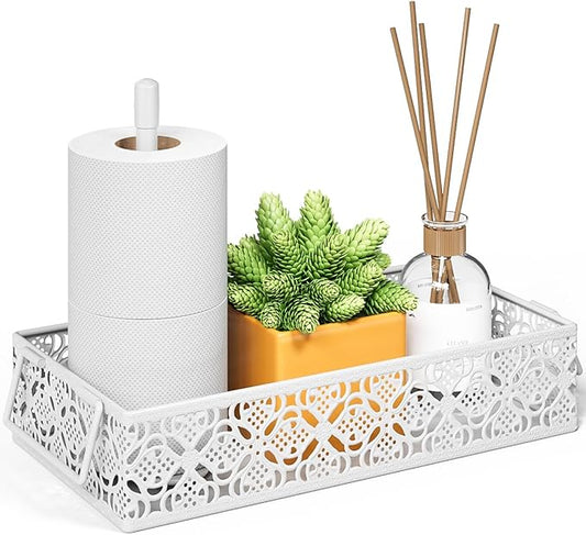 Toilet Tank Topper Paper Basket - White Bathroom Basket Decor Box with Magnetic Paper Towel Holder for Organizing