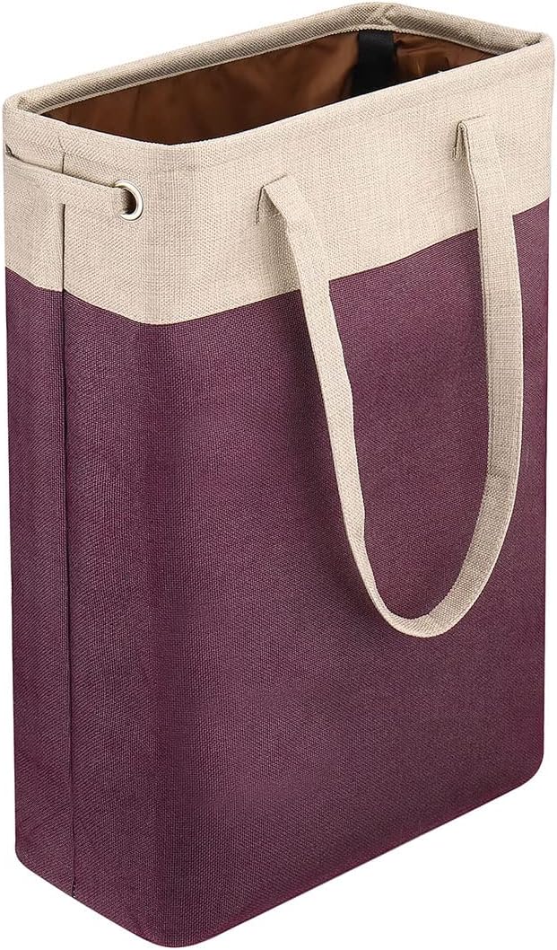 Laundry Basket with Handles Beige&Burgundy Slim Laundry Bin Collapsible Dirty Clothes Basket Narrow Laundry Bag Foldable Dirty Hamper for Camping, Dorms, Apartments