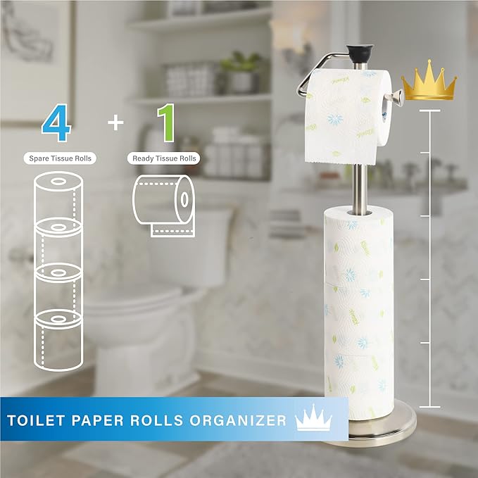 ZCCZ Toilet Paper Holder with Storage - Free Standing Tissue Dispenser - Nickel Finish - Holds up to 5 Mega Rolls - No Tools Required for Assembly - Durable and Stylish Bathroom Accessory