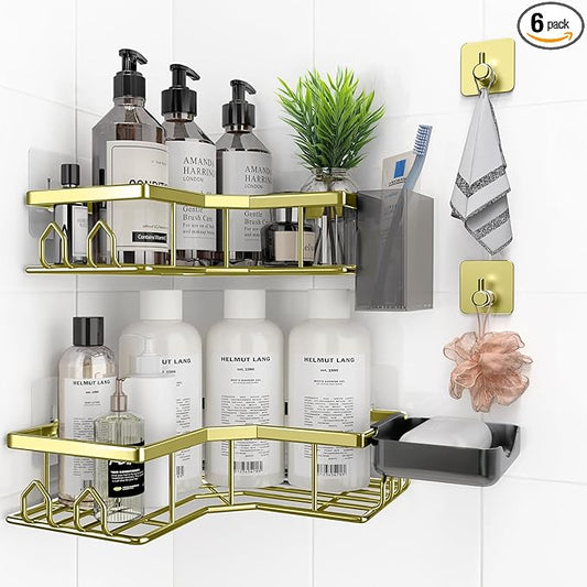 Adhesive Shower Caddy, 6 Pack Corner Bath Organizer, Rustproof Stainless Steel Shower Shelves with Large Capacity, No Drilling Shelves for Bathroom Storage, Home, Kitchen Décor(Gold)