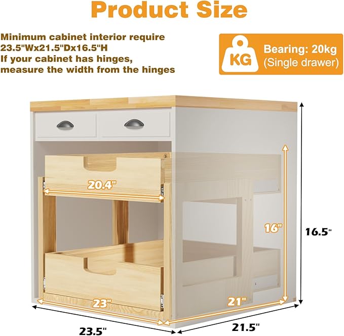 Pull Out Cabinet Organizer, 23''W×21''D Sliding Drawers for Cabinets, 2 Tier Soft Close Slide Out Wooden Pull out Drawers, Base Cabinet Organization for Kitchen, Pantry, Bathroom