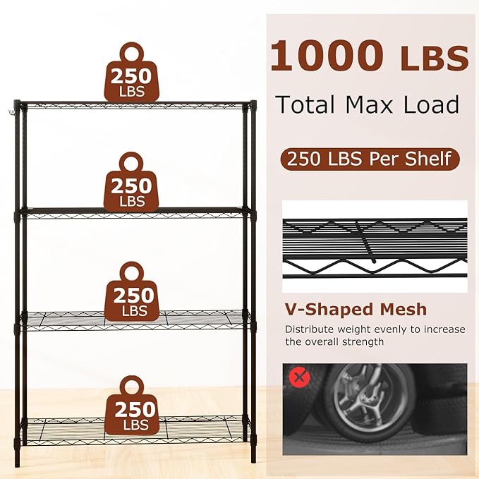 GOFLAME 4-Tier Metal Storage Shelving Unit, Heavy-Duty Adjustable Utility Shelf with V-Shaped Wire Rack, 600 LBS Storage Organizer for Home, Kitchen, Garage, Basement, 36”L x 14”W x 54.5”H