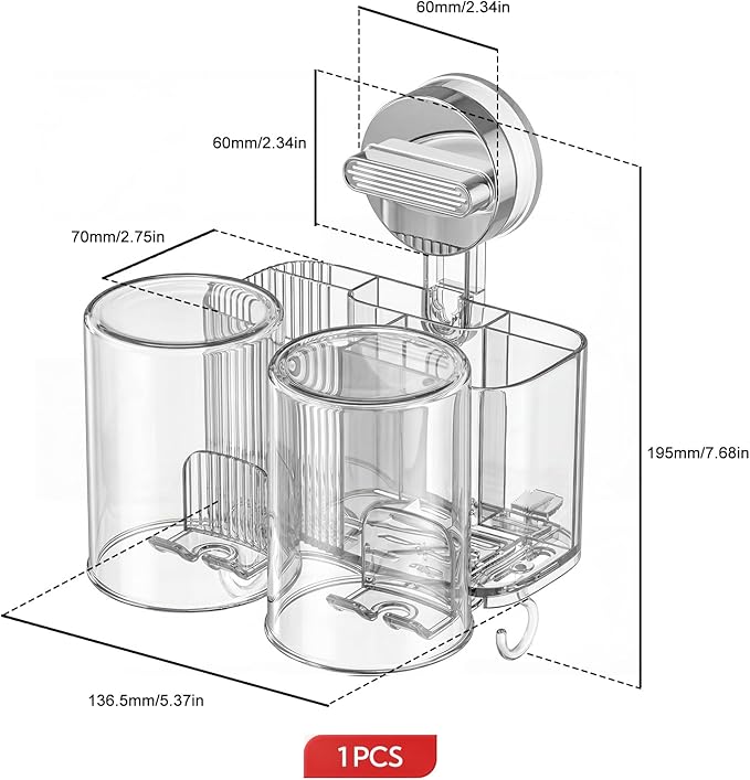 Clear Toothbrush Holder for Bathroom, Multi-Functional 2 Cups Toothbrush Organizer Wall Mounted with 2 Storage Slot and 2 Toothbrush Cups