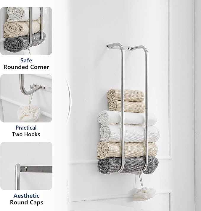 BWE Brushed Nickel Towel Racks for Bathroom, Wall Mounted Towel Rack for Rolled Towels, Bathroom Towel Storage, Stainless Steel Vertical Towel Holder, Bathroom Organizer
