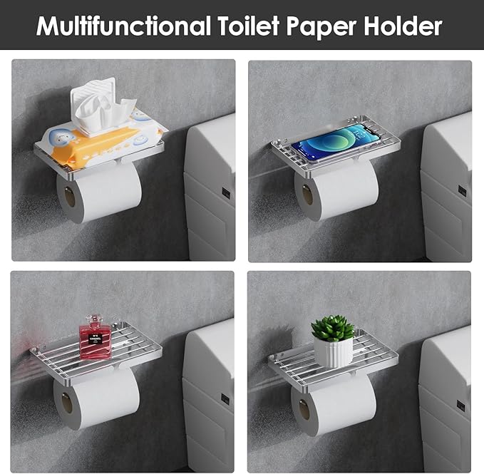 Toilet Paper Holder with Wipes Holder, Self Adhesive Toilet Rolls Holder Without Drilling, Rustproof Stainless Steel