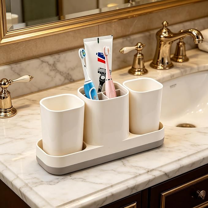 Toothbrush Holder for Bathroom, Electric Toothbrush and Toothpaste Organizer with 2 Cups, Bathroom Accessories Set for Kids and Families, White
