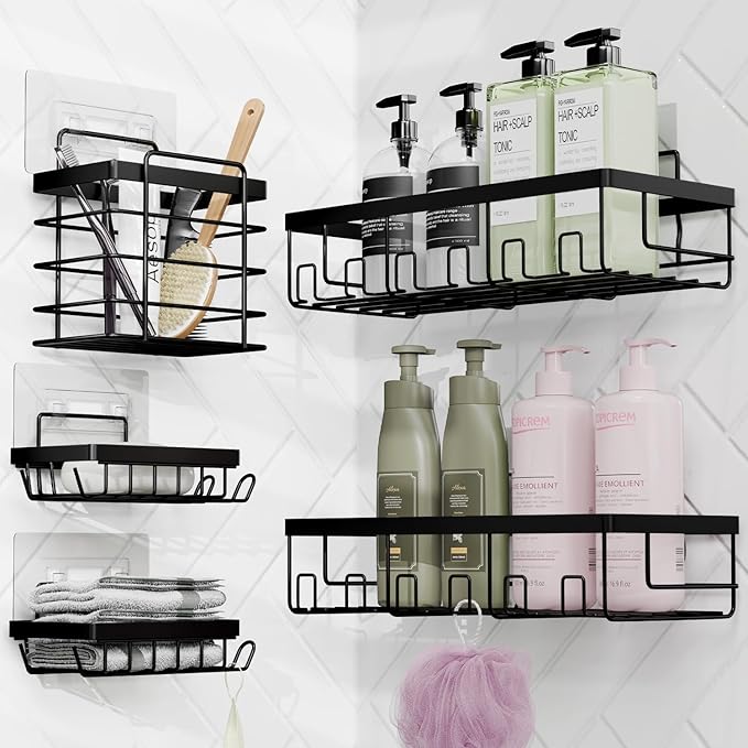 Clara Clark Bathroom Accessories Set - Bathroom Set with Adhesive Corner Shower Caddy Hanging, 25PC Bathroom Accessory Set, Navy Blue Shower Curtain Set, Toilet Brush, Trash Can & Soap Dispenser