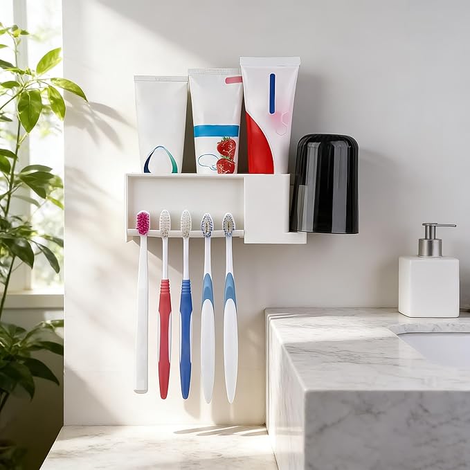5 Slots Wall Mount Toothbrush Holder with Storage Box, Self Adhesive Toothbrush Storage Organizer for Shower, Toothpaste & Toothbrush Hanger for Bathroom, Medicine Cabinet, Dorm (White)