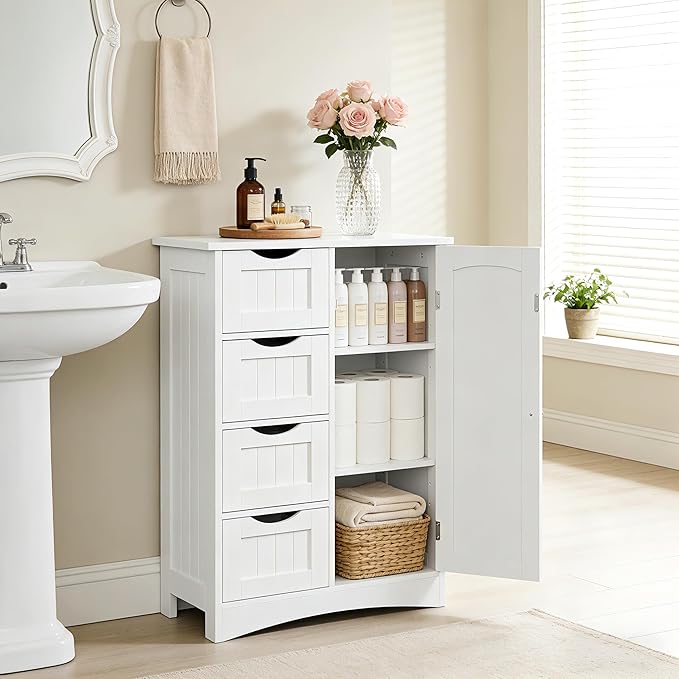 ZENY Bathroom Floor Storage Cabinet, Side Storage Organizer with 4 Drawers and 1 Cupboard, Adjustable Shelf Freestanding Entryway Storage Unit for Living Room/Bathroom (White)
